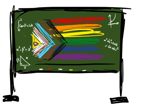 Tableau à craie avec des formules mathématiques et le drapeau LBGT+ inclusif dessiné dessus.